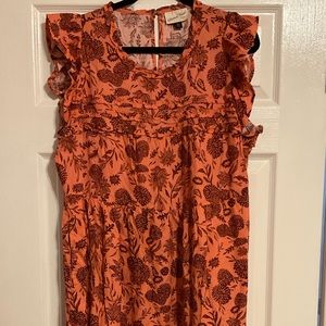 *Like New* Coral & brown sleeveless long floral dress w/ruffle details & pockets